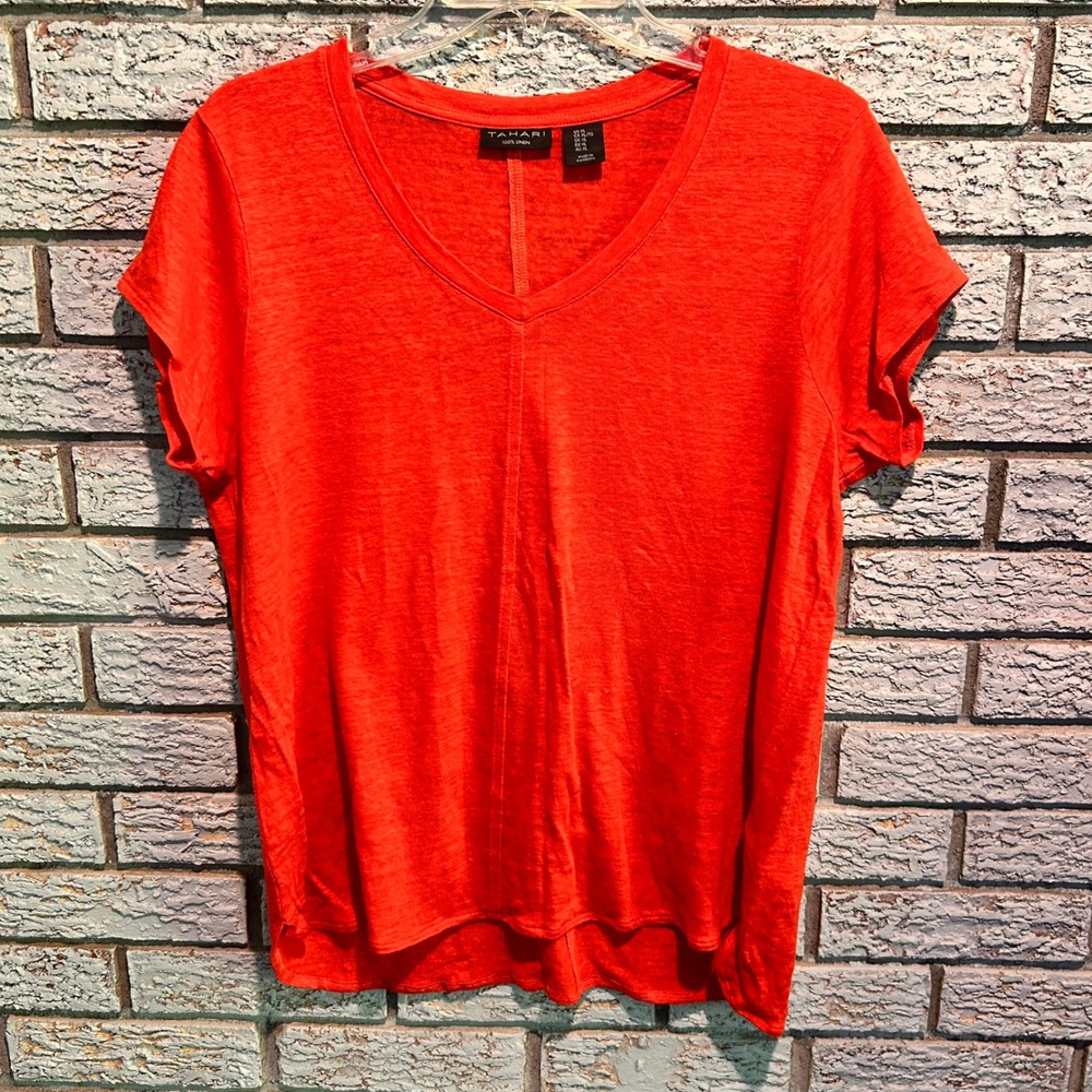 Tahari Womens XL Orange 100% Linen V-Neck Short Sleeve T-Shirt Topโ